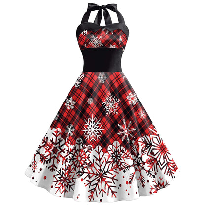 Women's High Waist Dress with Christmas Snowflake Print
