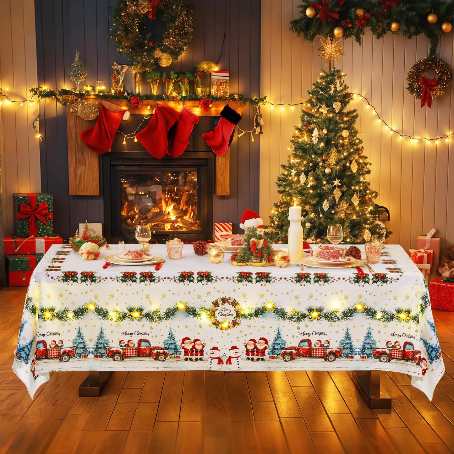 Light Up Christmas Tablecloth Rectangle Blue Christmas Tree Table Cloth 60x84 Fabric Table Cloths with Lights Waterproof Christmas Table Covers