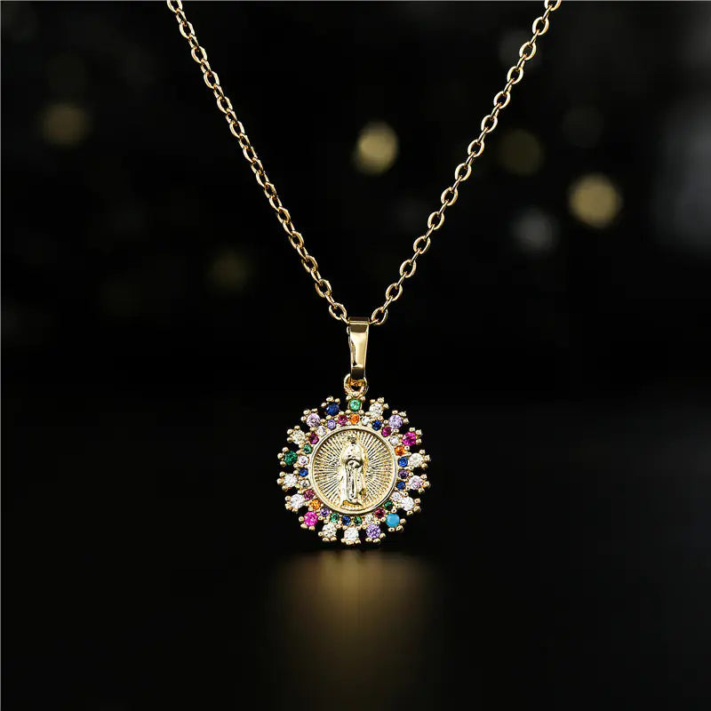 Trendy Religious Pendant Necklace with Mary Charm