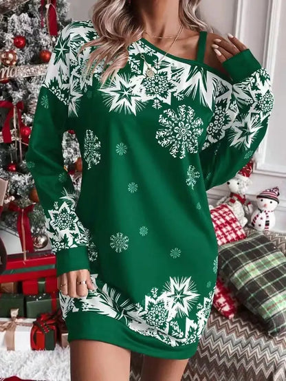 Christmas Snowflake Print Long Sleeve Dress for Women