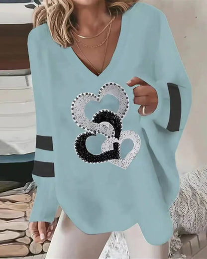 Loose V-neck Geometric Long-sleeved Sweater for Fall/Winter