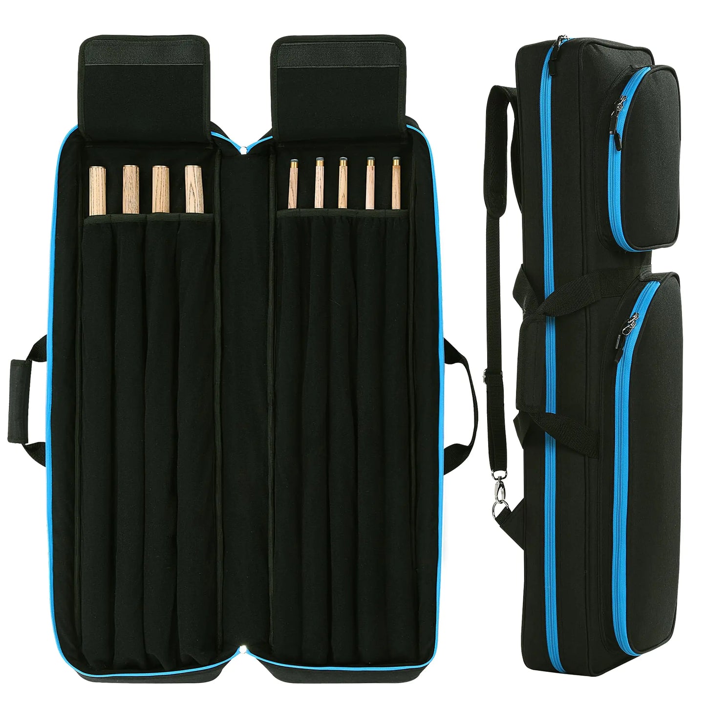 HOMBYS 4x5 Pool Cue Case Holds 4 Butts & 5 Shafts Billiard Stick Carrying Case Pool Stick Bag with Large Capacity Accessories Pockets (Black with Blue Large-33.5"x3.54"x7.68")
