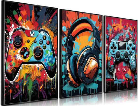3Pcs Cool Gaming Wall Art Retro Video Game watercolor Posters Pictures Colorful Neon Gamepad Canvas Painting Prints for Boys Room Kids Game Room Bedroom for Boys Home Decoration 12x16in Unframed