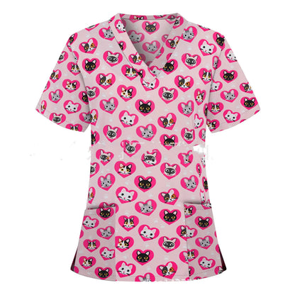 Nurse Uniform Pocket V-Neck Short-Sleeved T-Shirt