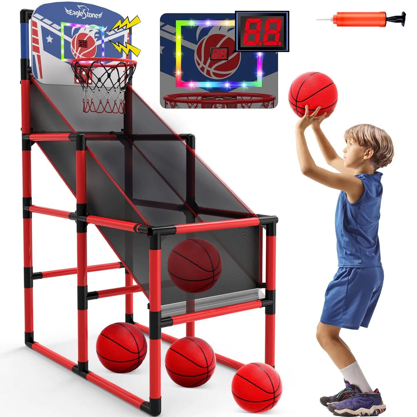 EagleStone 63IN Kids Arcade Basketball Hoop Indoor LED & Scoreboard Basketball Arcade Game Set for Outdoor with Cheer Sounds Kids Basketball Toys for Boys Girls Age 3-5 5-7 4-8