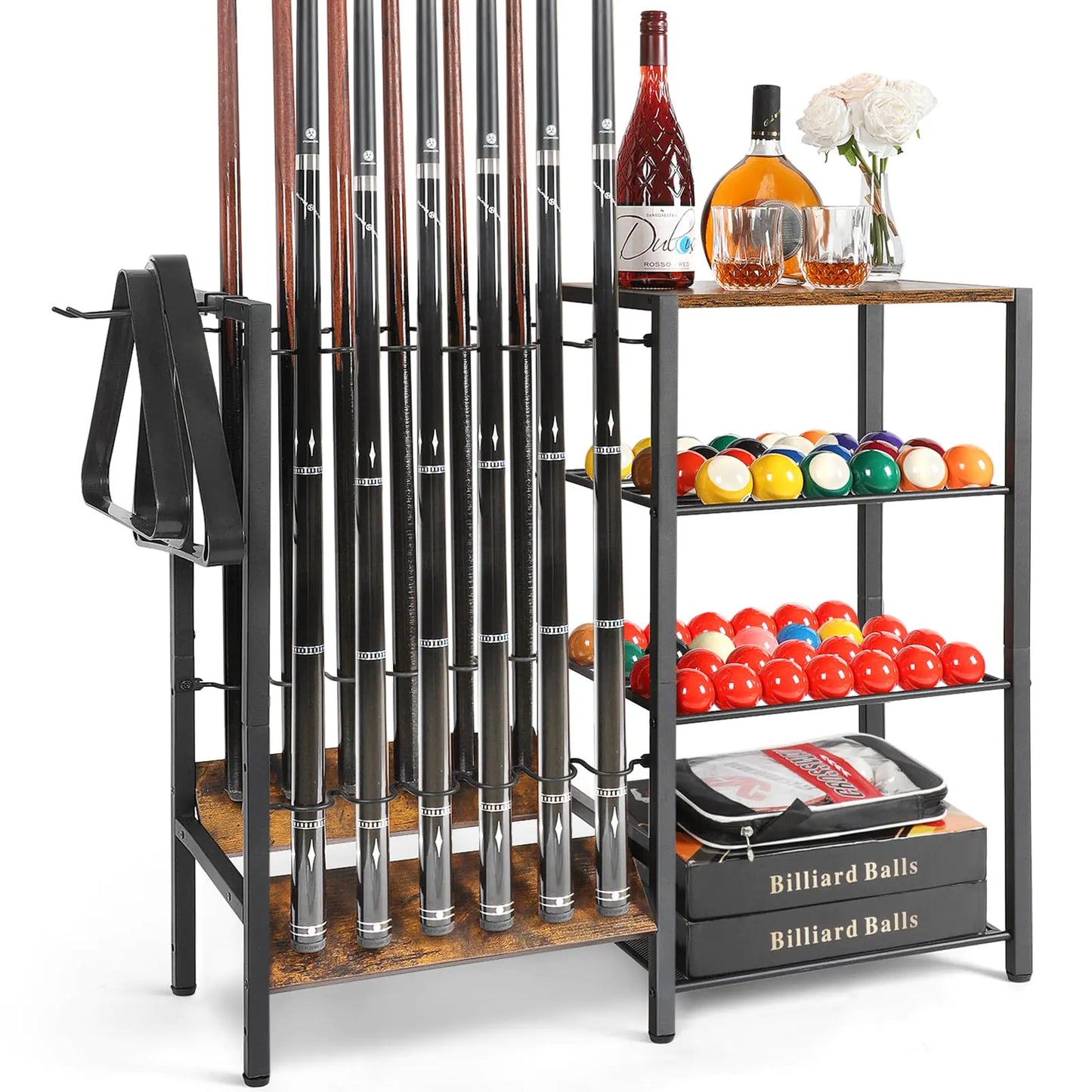 Pool Stick Holder Floor Stand up to 12 Cue Sticks Pool Cue Holder with Balls Storage Pool Table Accessories Stand Large Pool Cue Rack Equipment Organizer Cue Stick Holder for Billiard Game Room