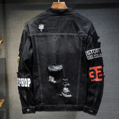 Men's Ripped Denim Jacket - Casual Punk Streetwear Coats