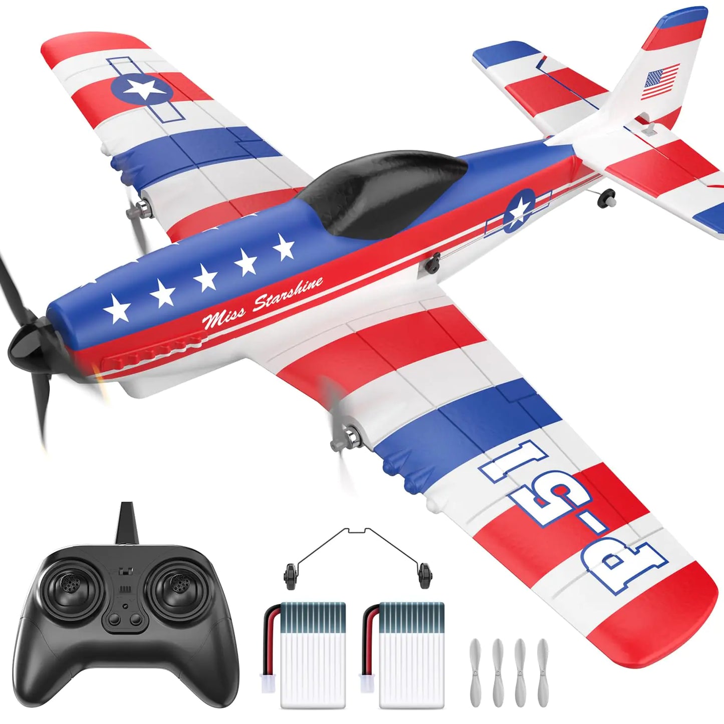 DEERC RC Plane 3 Channel P51D Mustang Remote Control Airplane Fighter Toys2.4GHz 6-axis Gyro Stabilizer RTF Glider Aircraft Plane with 2 BatteriesEasy to Fly for Adults Kids Beginners Boys