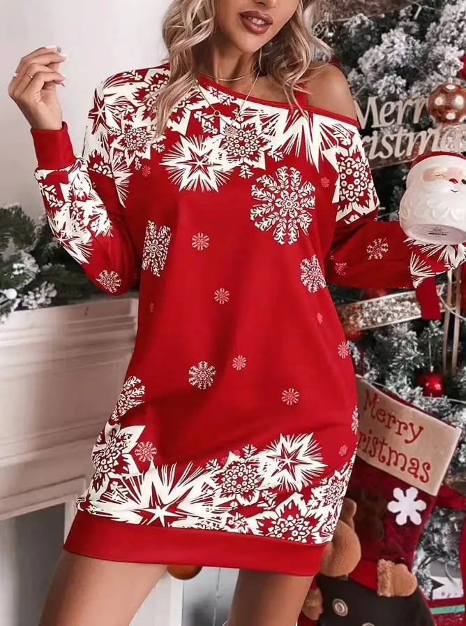Christmas Snowflake Print Long Sleeve Dress for Women