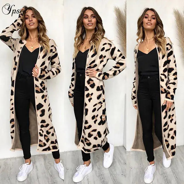 Leopard Print Long Cardigan for Women - Holiday Sweater