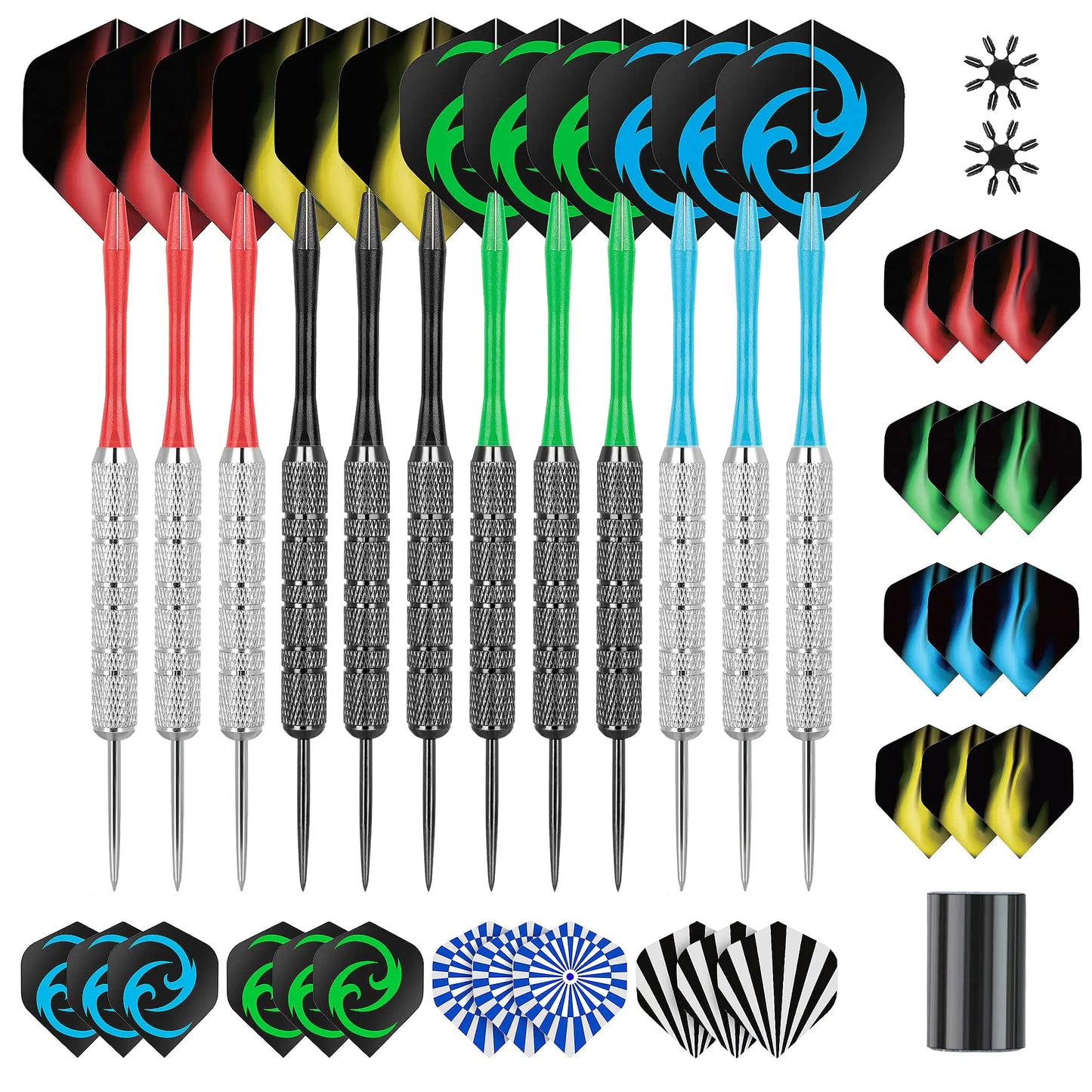 CareGames Steel Tip Darts Professional Metal Darts12pcs 18 Gram Darts Metal Tip Set with 12 Shafts24 Extra Flights2 Flight Protectors and Dart SharpenerMetal Darts for Dartboard