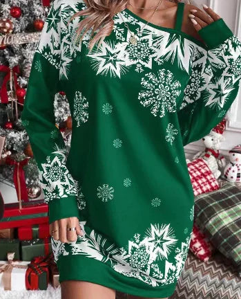 Christmas Snowflake Print Long Sleeve Dress for Women