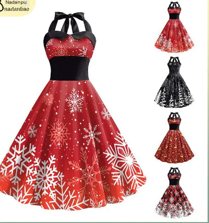Women's High Waist Dress with Christmas Snowflake Print