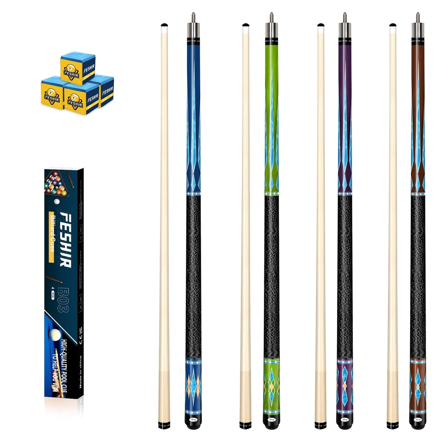 FESHIR Billiard Cue Sticks Pool Cue Stick Pool Stick Set of 4 Made of Premium Maple Wood Includes 4 Extra Billiard Chalk for Pool Cues 58" Billiard House Bar Pool Cue Sticks for Billiard Players