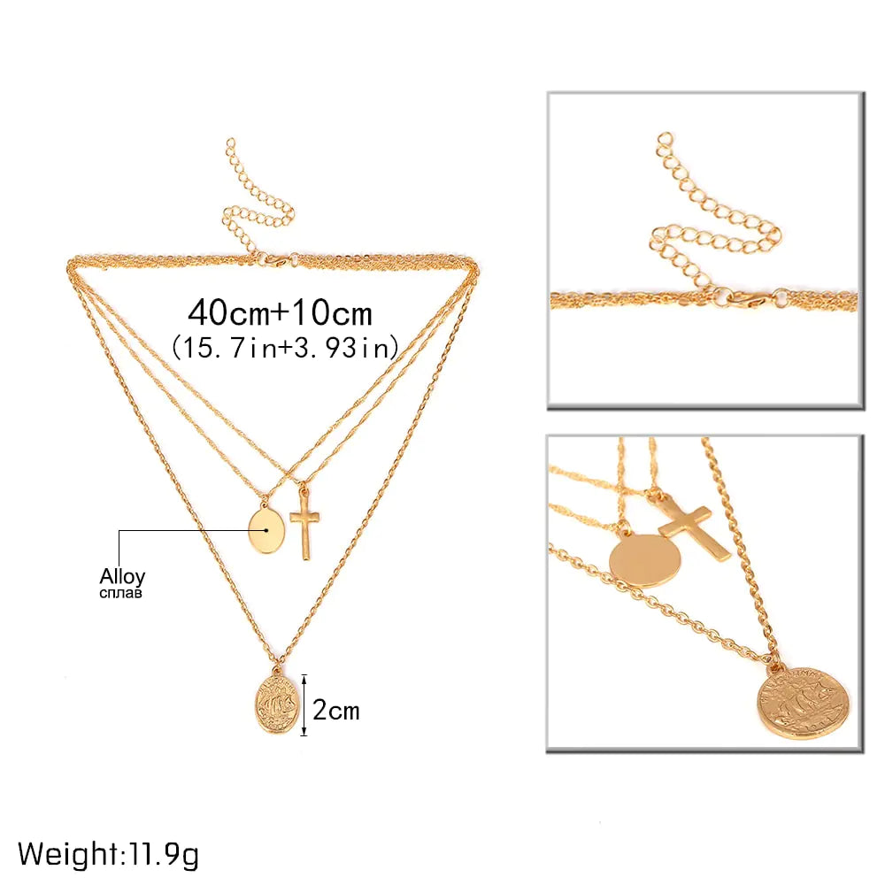 Retro Queen Cross Coin Layered Necklace for Women