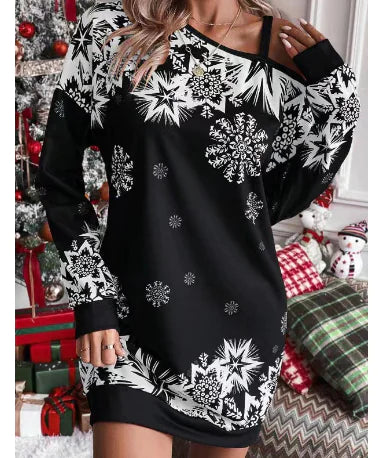 Christmas Snowflake Print Long Sleeve Dress for Women