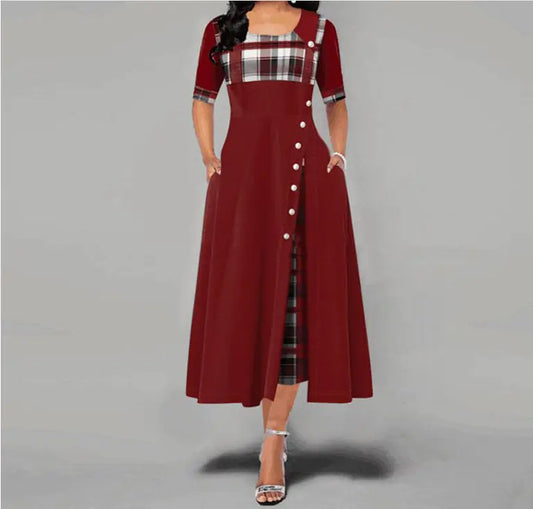 Color Block Midi Dress with Round Neck and Three-Quarter Sleeves