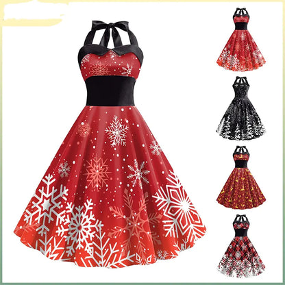 Women's High Waist Dress with Christmas Snowflake Print