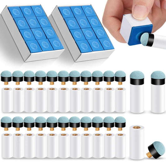 Junkin 24 Pool Cue Chalks and 24 Billiard Cue Tips Replacement Kit with Ferrules Blue Billiard Chalk Pool Stick Accessories for Table Pool Chalk Cubes Screw on Billiard Cue Tip for Home Tournament Use